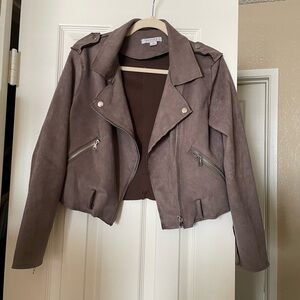 FAVLUX Brown Faux Suede Moto Jacket Asymmetrical Zipper Notched Lapel